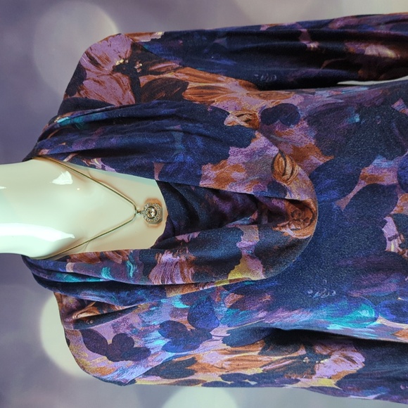 CABLE & GAUGE COWL-NECK FLORAL TUNIC WITH SHEER HEMLINE BORDER sz L - Picture 2 of 6